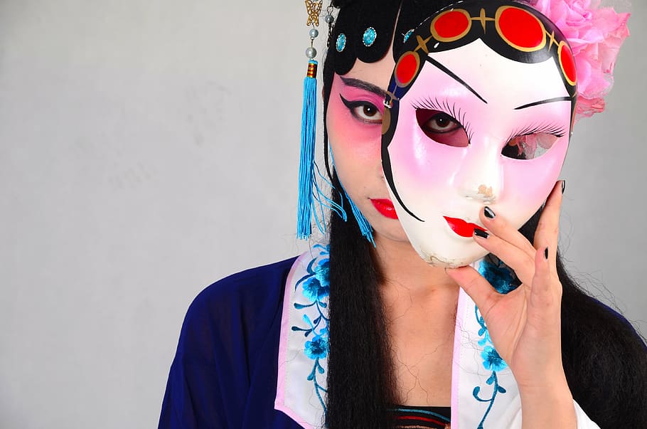 mujer, vistiendo, negro, parte superior, ópera de beijing, máscara, china, maquillaje, como yo, estilo
