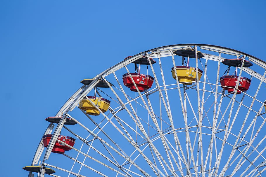 white, red, yellow, ferris, wheel, ferris wheel, amusement park, big wheel, observation wheel, passenger cars