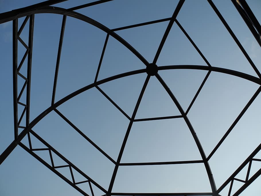 kiosk, structure, wrought iron, iron, metal, sky, blue sky, shadow, low angle view, pattern