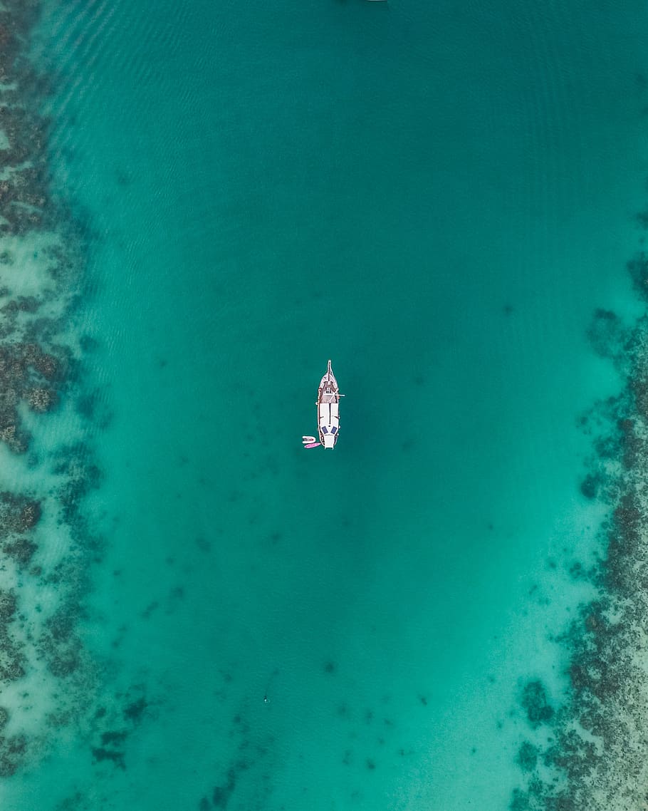 drone, boat, tropical, sea, ocean, water, green, blue, ship, travel