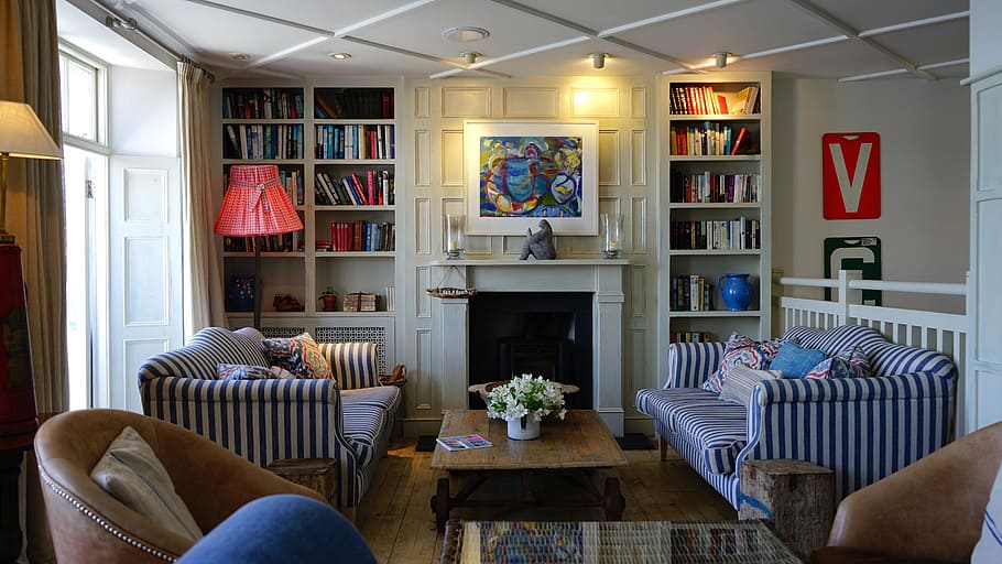 sofás de rayas blancas y azules, hogar, interior, habitación, casa, diseño, decoración, moderno, interior del hogar, lujo