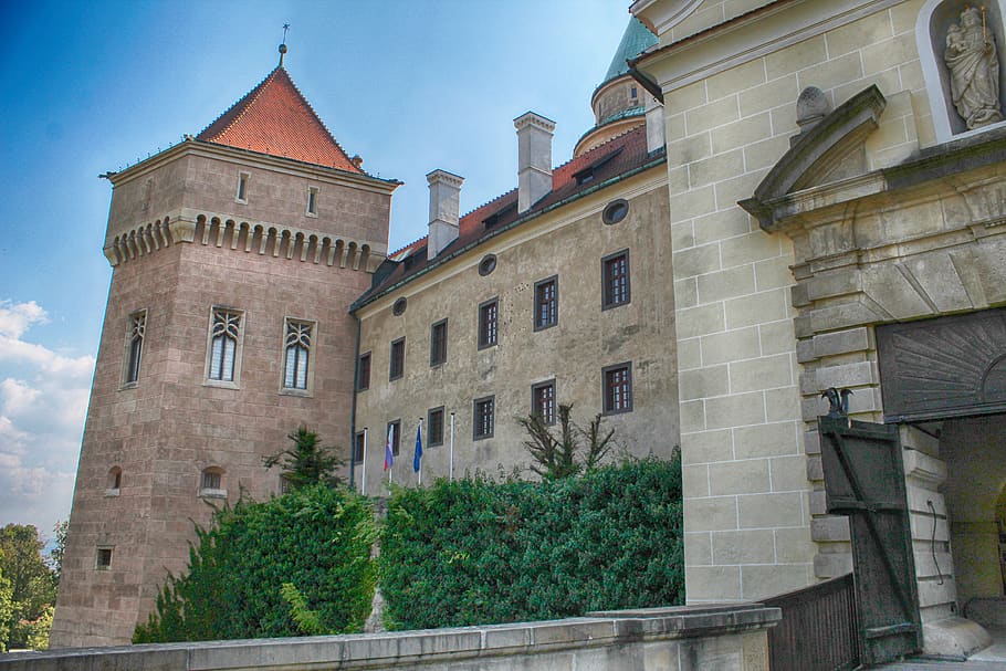 bojnice castle, slovakia, lock, building exterior, built structure, architecture, building, sky, low angle view, plant