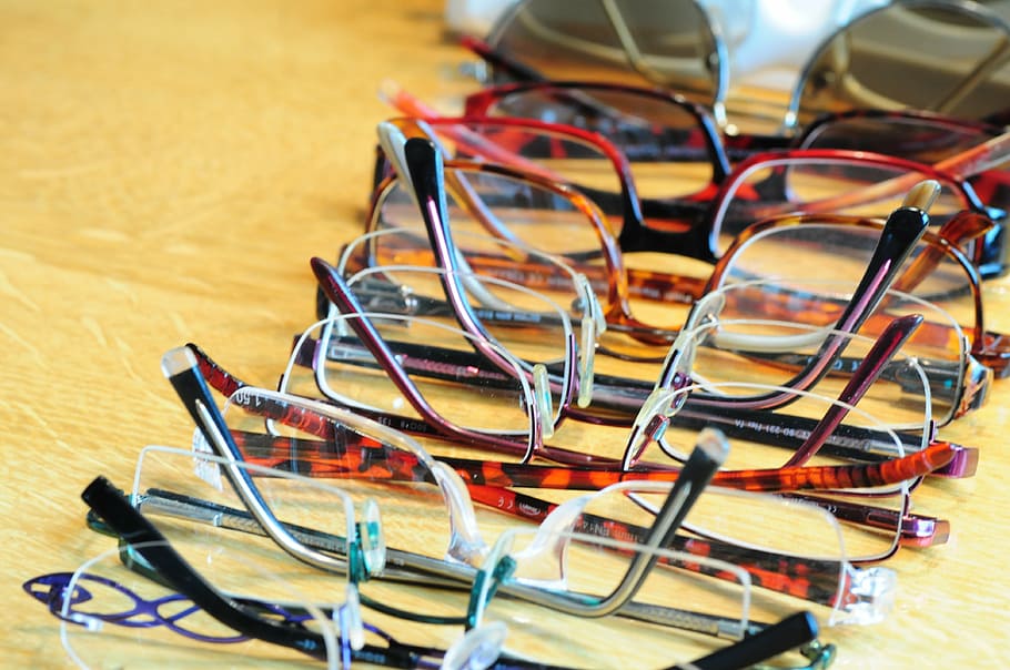 assorted-color eyeglasses, brown, surface, glasses, sehhilfe, glasses and opticians, eye glasses, lenses, optics, see
