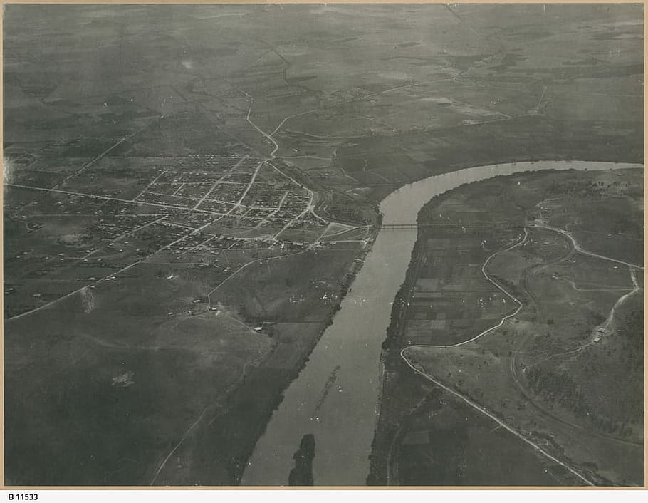 aéreo, vista, 1920, sur, Vista aérea, Murray Bridge, Australia del Sur, Australia, puente, geografía