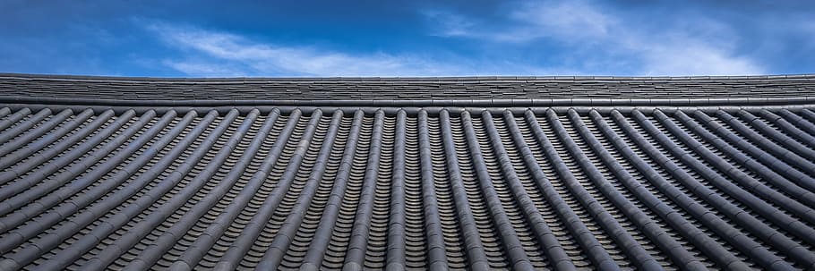 low-angle photography, roof, white, clouds, blue, sky, roof tile, republic of korea, korea, traditional