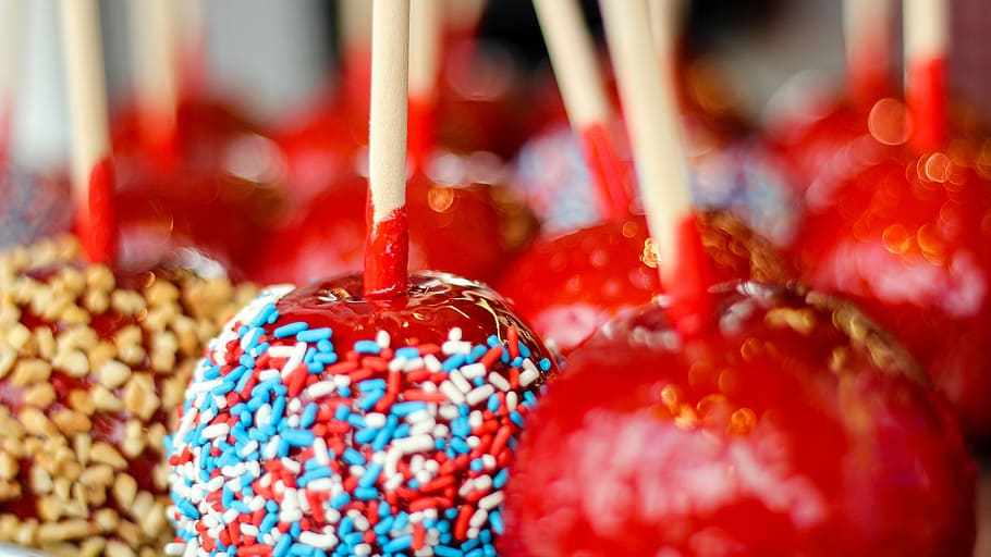 candy, apples, red, sweet, dessert, stick, sugar, colorful, close-up, hanging