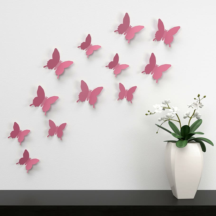 merah muda, kupu-kupu, kertas, guntingan, dinding, dekorasi, warna, dekorasi kertas, warna-warni, kesenangan