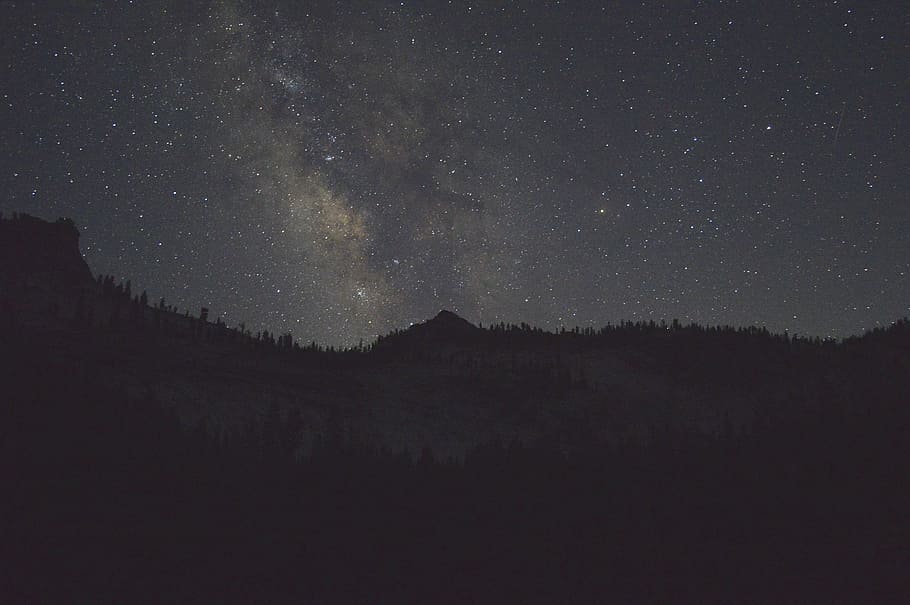 silhueta, árvore, montanha, noturno, Sombrio, noite, estrela, observação de estrelas, astrofotografia, viagem