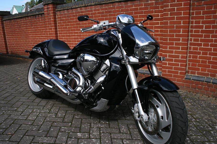 black, cruiser motorcycle, gray, concrete, pavement, Motorcycle, Bike, Motorbike, Vehicle, travel