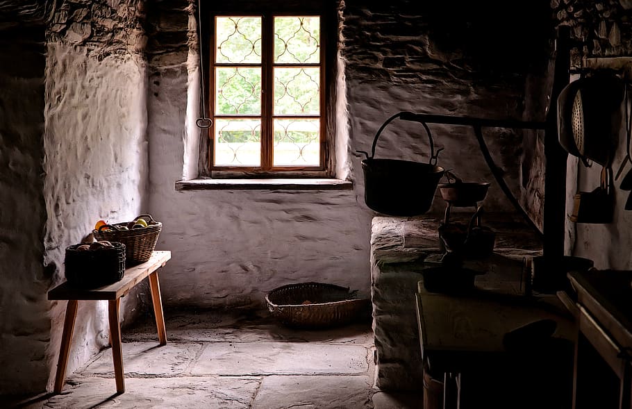 the interior of the, cottage, vintage, window, shelves, fruit, old, kitchen, spiżarka, open air museum