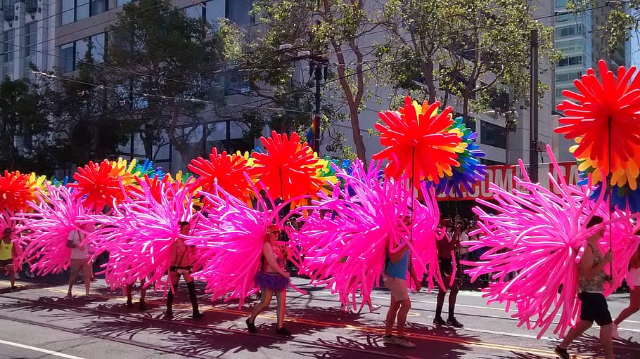 people, carrying, balloons, street, daytime, gay parade, san francisco, gay, pink, pride