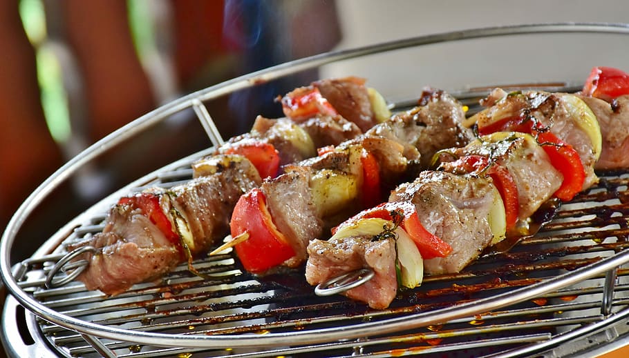 kebab, silver grill, meat, meat skewer, barbecue, summer, benefit from, grill, grilled, grilling