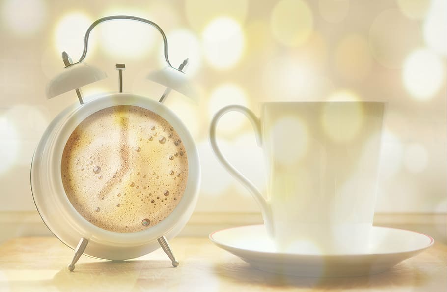 white, twin, bell alarm clock, ceramic, mug, alarm clock, coffee cup, coffee, coffee dial, dial from coffee