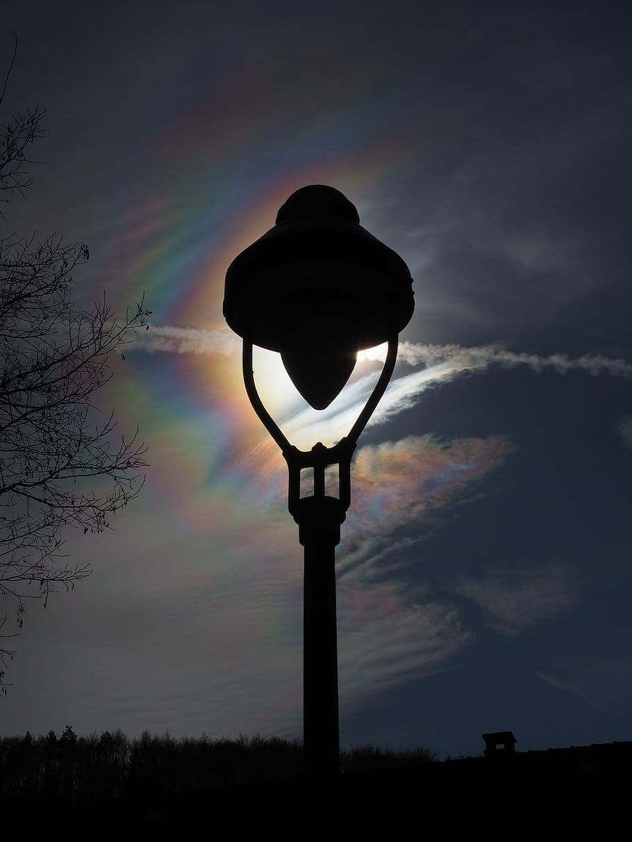 lantern, street lamp, lighting, lamp, street lighting, back light, sun, iridescent, cloud, iridescent cloud