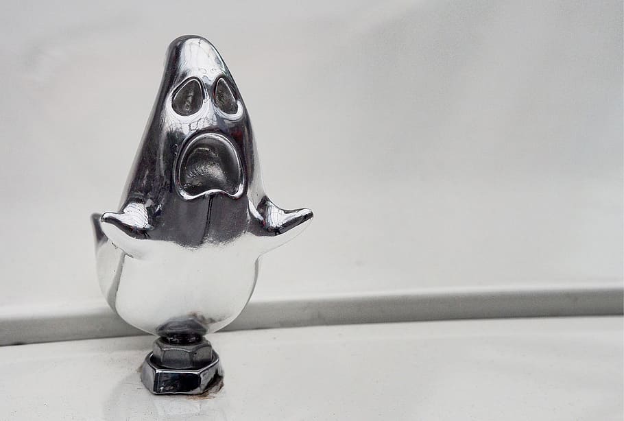 close-up, silver, ghost, faucet, ghostbusters, bonnet ornament, ornament, ecto-1, cadillac, vehicle