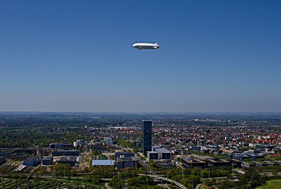 zeppelin, sueddeutsche, munich, olympic park, sky, airship, architecture, olympia tower, city limits, ingenuity