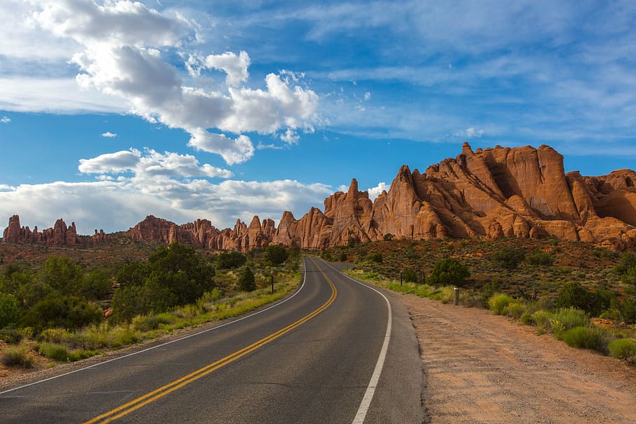 carretera de asfalto, montaña, nublado, cielo, carretera, Utah, parque, Estados Unidos, paisaje, viajar