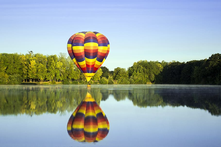 hot air balloon, lake, reflection, nature, outdoors, activity, flying, floating, trees, sky