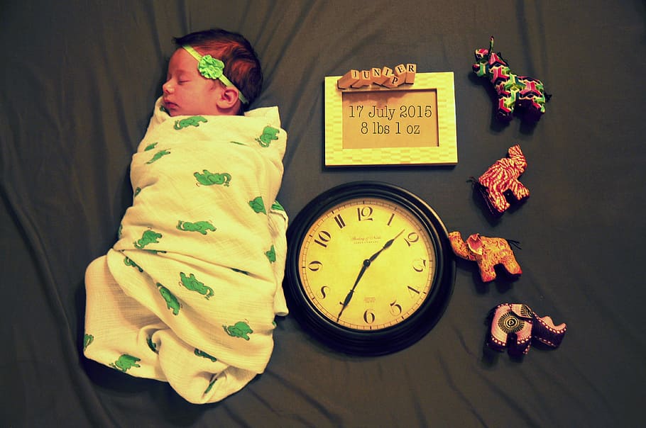 Birth, Announcement, Newborn, birth, announcement, baby, swaddle, child, childhood, clock, stuffed animals