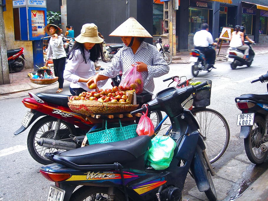 Vendor, Buah-buahan, Wanita, topi, Vietnam, tua, jalan, pandangan, motor, orang-orang