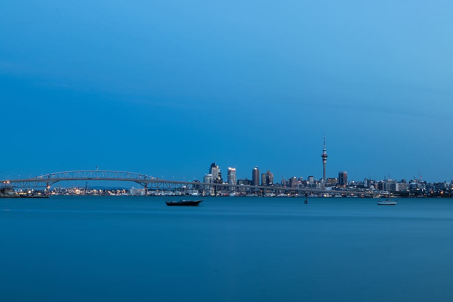 new zealand, auckland, city, skyline, sunset, skyscrapers, skytower, harbour, boats, water