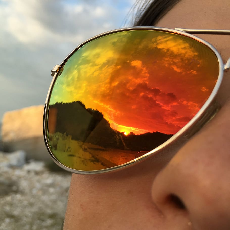sunglasses, rainbow, glasses, colorful, sky, cloud - sky, nature, close-up, reflection, human body part