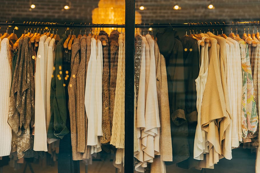 moda, roupas, varejo, rack, loja, compras, comércio eletrônico, enforcamento, escolha, variação