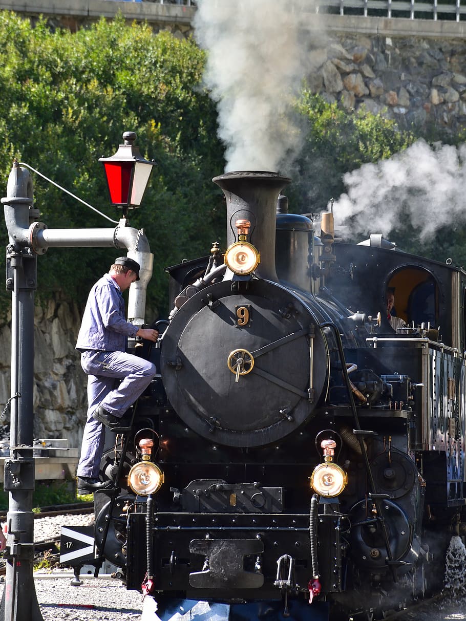 steam railway furka-bergstrecke, steam locomotive, gletsch, valais, obergoms, switzerland, smoke - physical structure, day, steam train, train