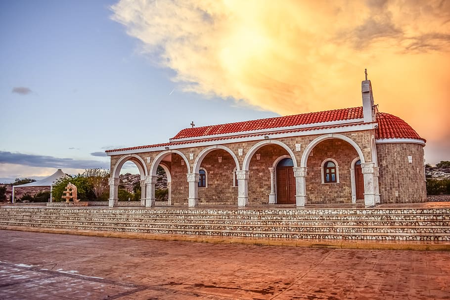 brown, concrete, house, sunset, cyprus, ayia napa, ayios epifanios, church, orthodox, architecture
