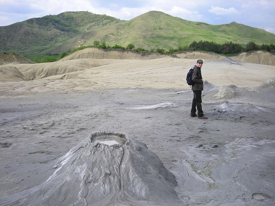 clay volcano, sludge, travel, wild nature, mountain, tourist, green hill, mud, landscape, environment