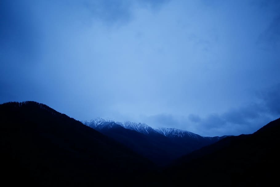 silhouette photography, mountain, black, cloudy, sky, dark, valley, blue, clouds, landscape