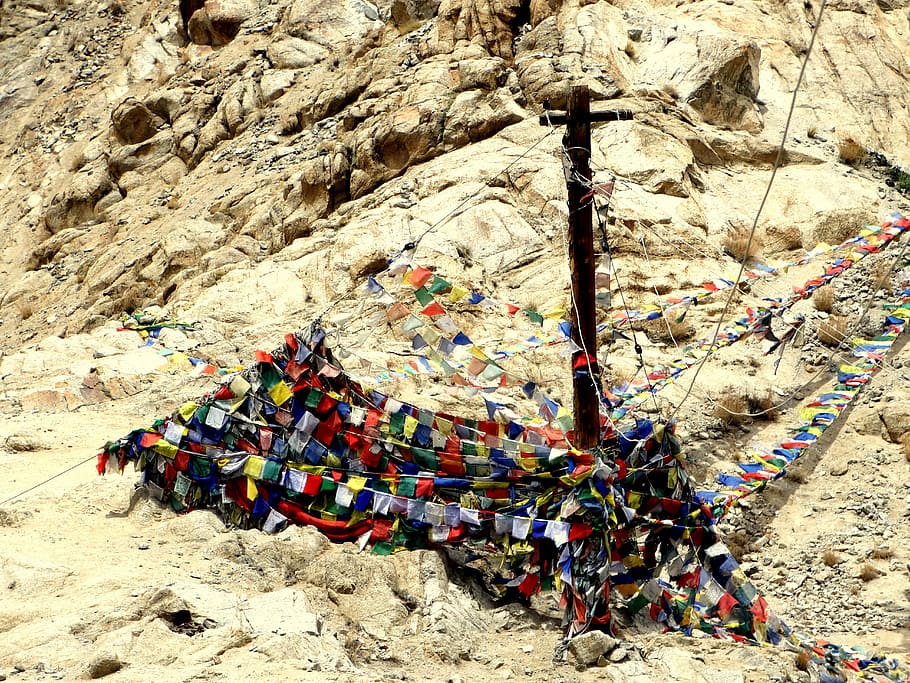 prayer flags, tebait, hope, god connect, leh, rock, day, land, solid, rock - object