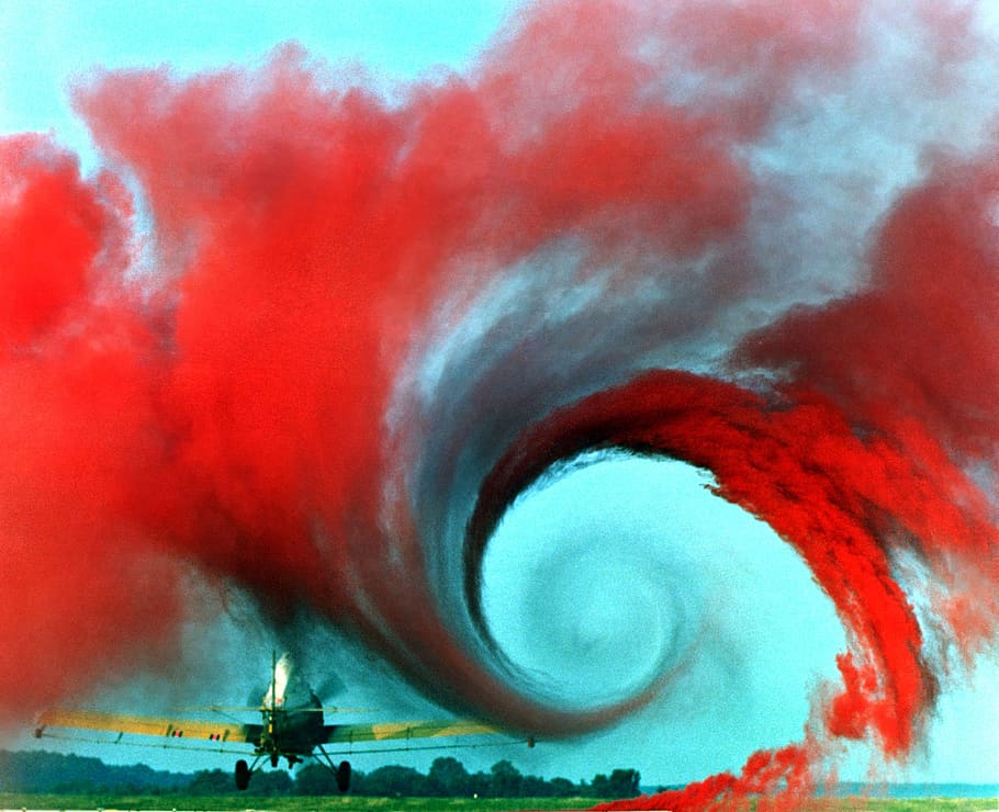 airplane vortex, wings, red smoke, air, cloud, flow, force, smoke - physical structure, red, day