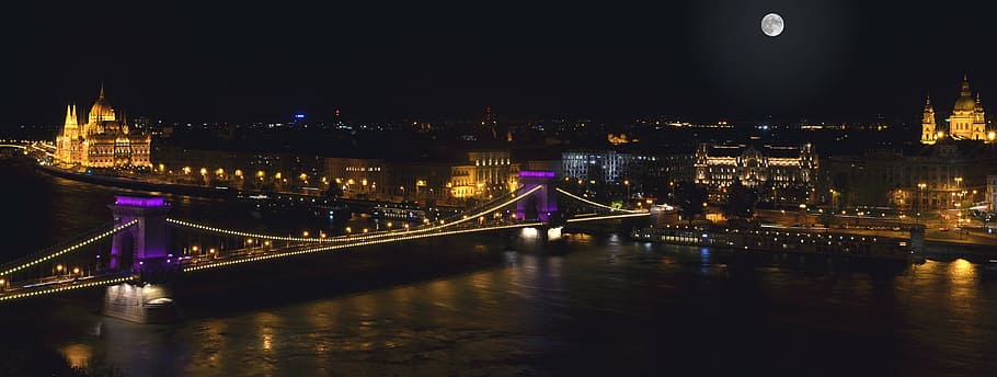 manhattan bridge, night time, at night, budapest, coach, chain bridge, danube, light, water, lighting