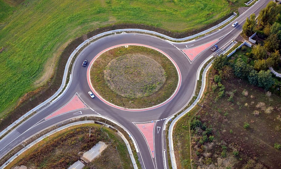Roundabout, M60 Motorway, péterpuszta, pecs, kökényi road, lake christabel m, road, transportation, high angle view, aerial view