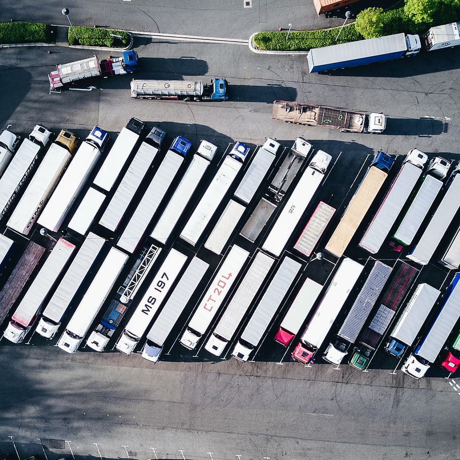 bird, eye view photography, parked, freight trucks, container, van, truck, vehicle, export, travel