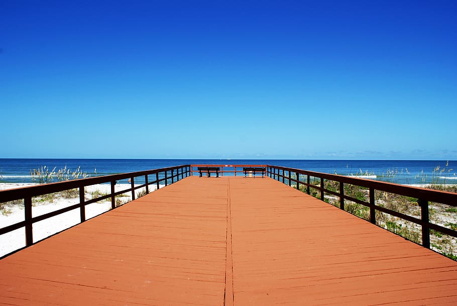 pier, beach, sky, sand, water, mexican, gulf, summer, florida, bench