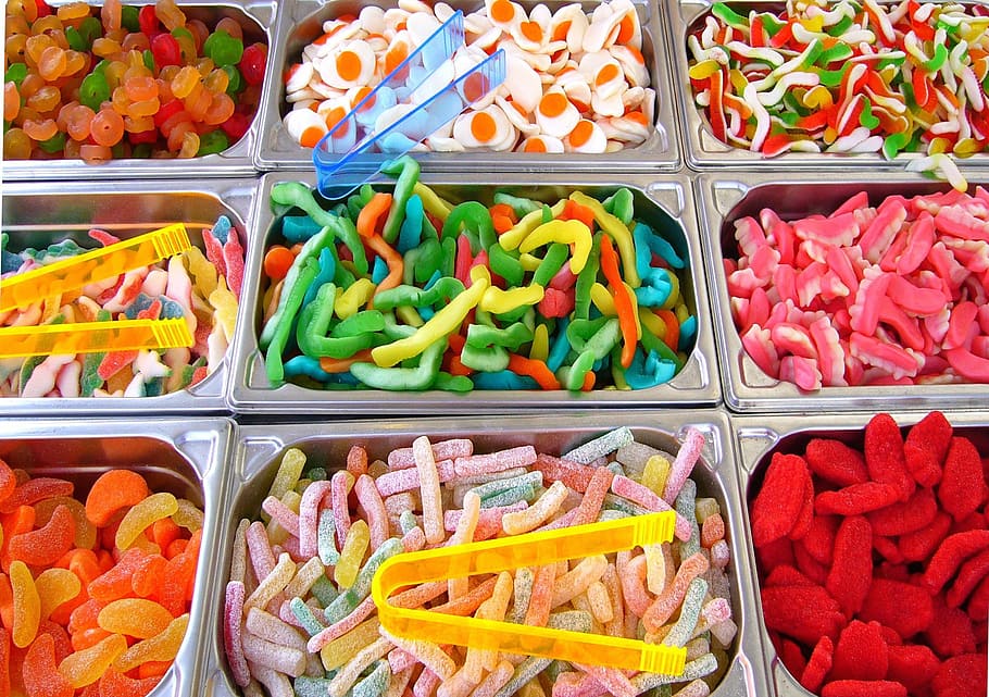 sortidas, gomoso, lote de doces, escolher e misturar, doces infantis, doces, coloridos, tratar, confeitaria, alimentos