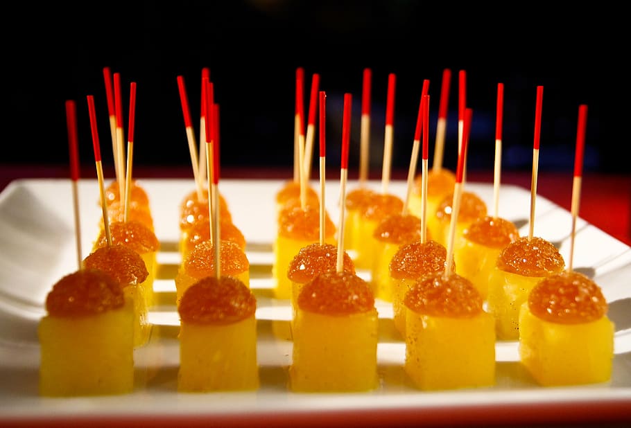 cube desserts, sticks, plate, culinary, catering, food, in a row, indoors, bottle, variation
