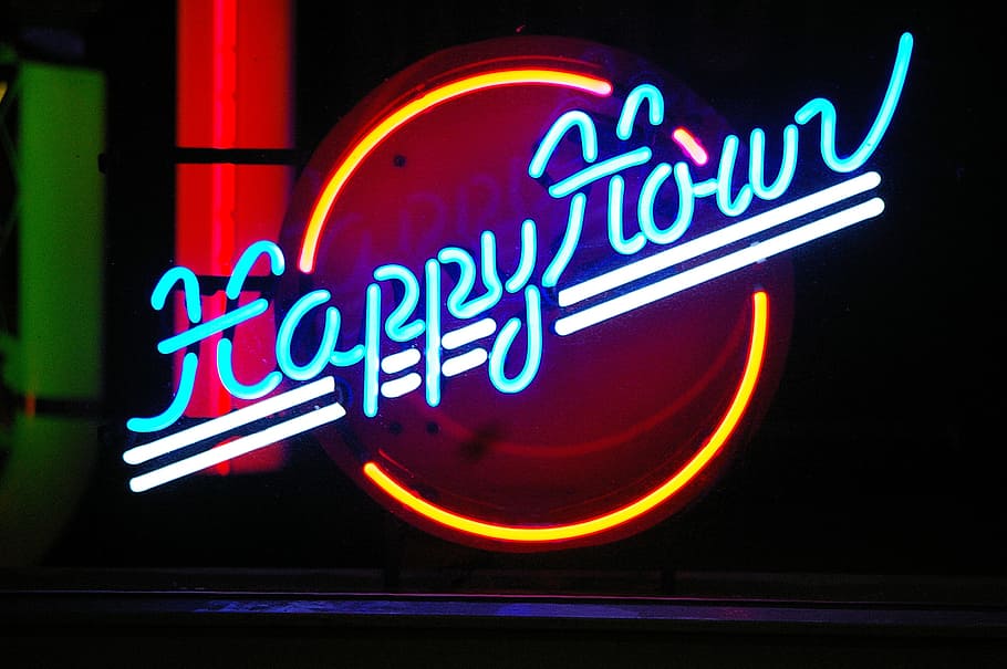 blue, yellow, white, happy, hour neon sign, Happy Hour, neon, LED light, signage, neon font