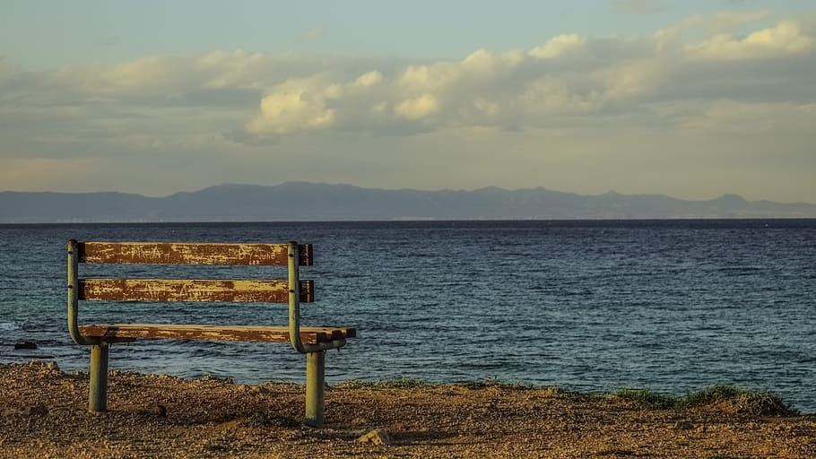 white, wooden, bench, body pf water, seaside, sea, horizon, sky, clouds, view point