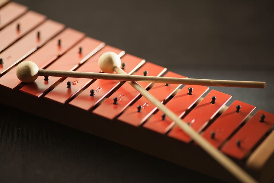 red steel xylophone, close-up, color, instrument, mallets, music, musical instrument, percussion instrument, red, sound