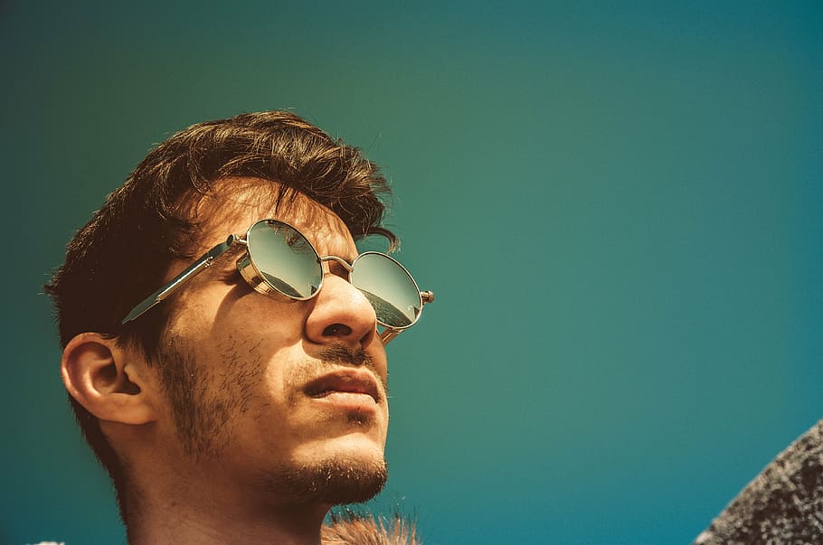 selective, photography, man, wearing, hippie sunglasses, guy, sunglasses, sky, summer, travel