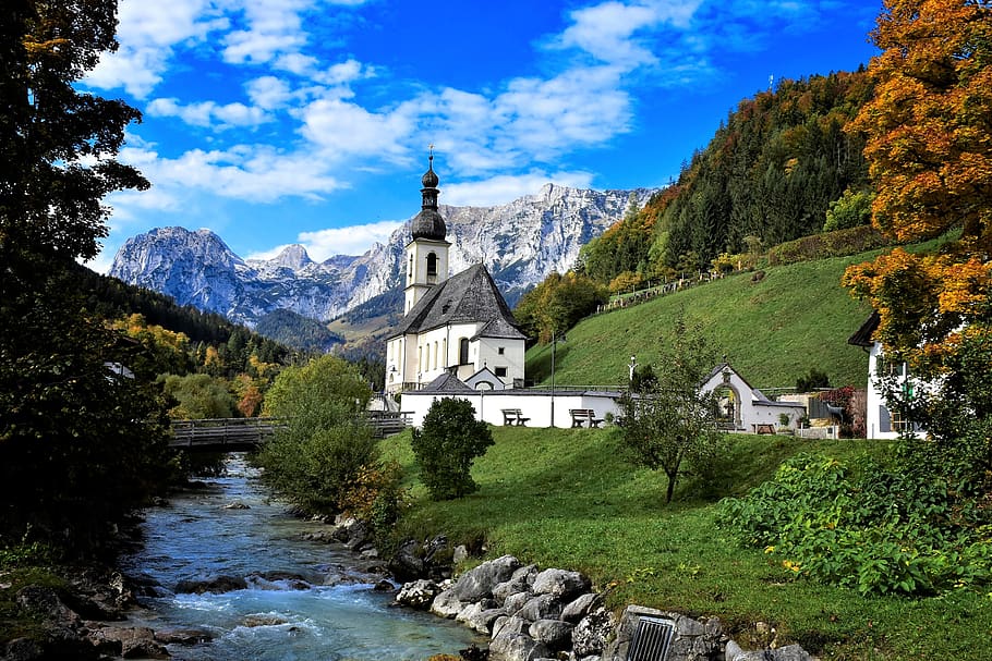 church, chapel, ramsau, berchtesgaden, bavaria, christianity, religion, sky, catholic, cross