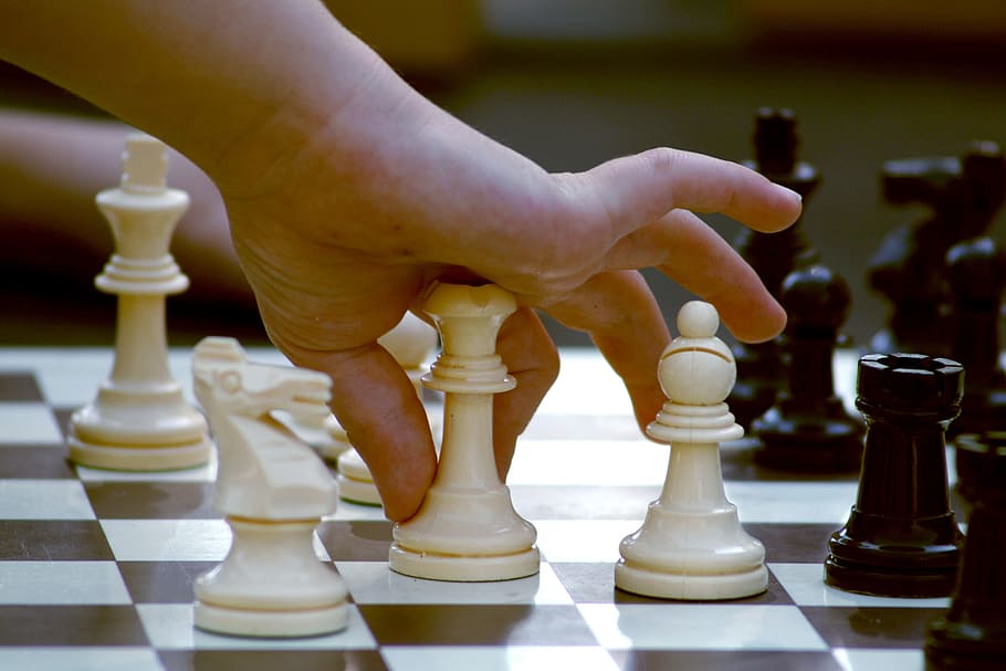 person, holding, chess piece, chess, game, strategy, board, competition, king, pawn