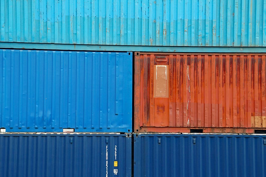 containers, colors, orange, blue, background, transport, cargo container, freight transportation, shipping, metal