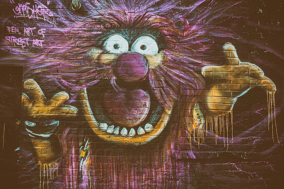 representando, personagem animal, muppets, capturado, parede de tijolos, arte de rua, animal, personagem, os muppets, urbano