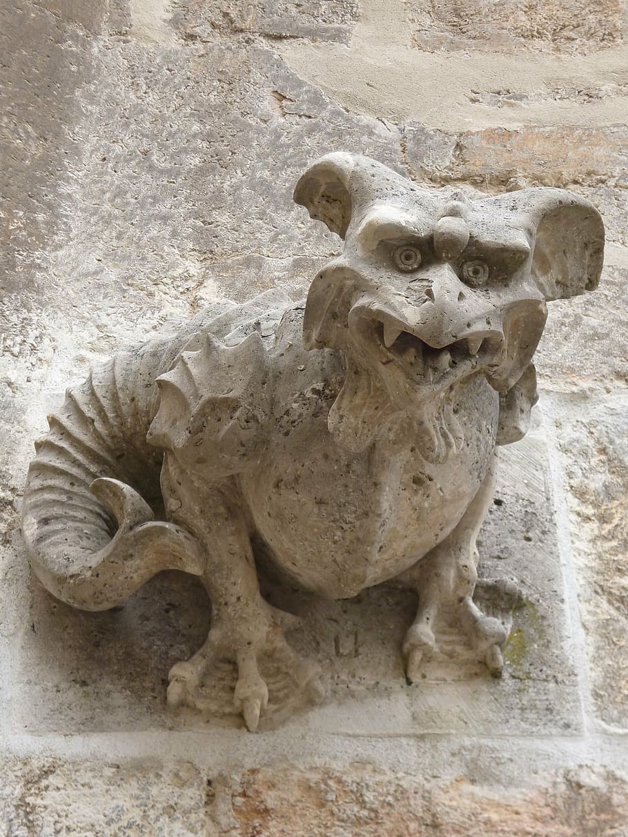 gray, concrete, statue, wall, gargoyle, middle ages, mythical creatures, mythical, creature, dragon fountain figure