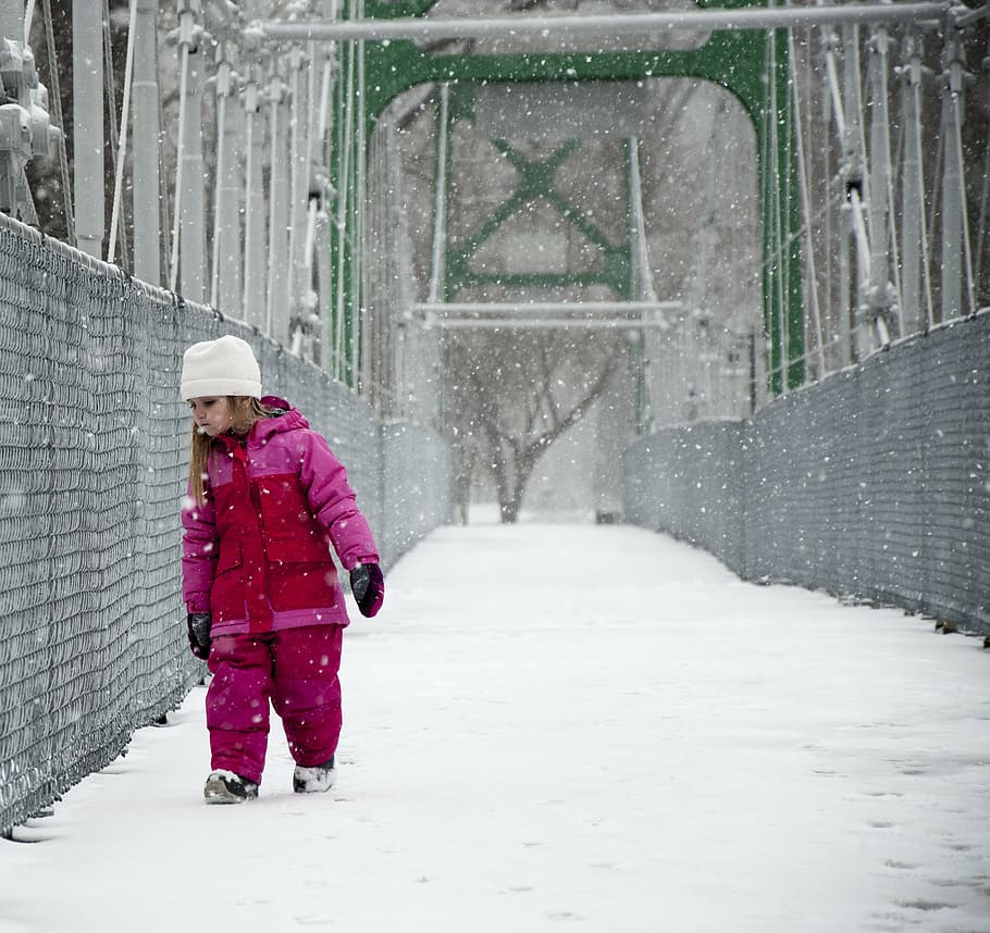 girl, snow, bridge, pink, winter, whit, curious, cold, cold temperature, warm clothing