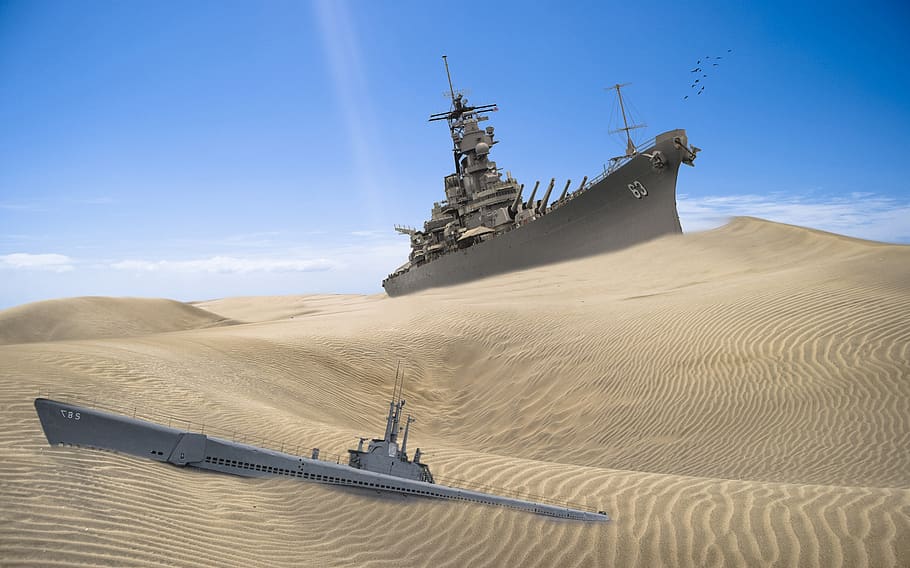 submarino, barco de guerra, desierto, barco, fantasía, arena, photoshop, tierra, naturaleza, cielo